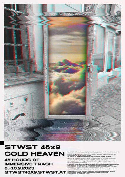 Es ist ein Plakat für STWST48x9. Darauf ist ein Plakatständer zu sehen. Das ganze Bild überzieht ein Glitch, so wie wenn ein Computerbildschirm einen Fehler hätte. Im unteren Drittel befindet sich der Text: STWST48x9 Cold Heaven